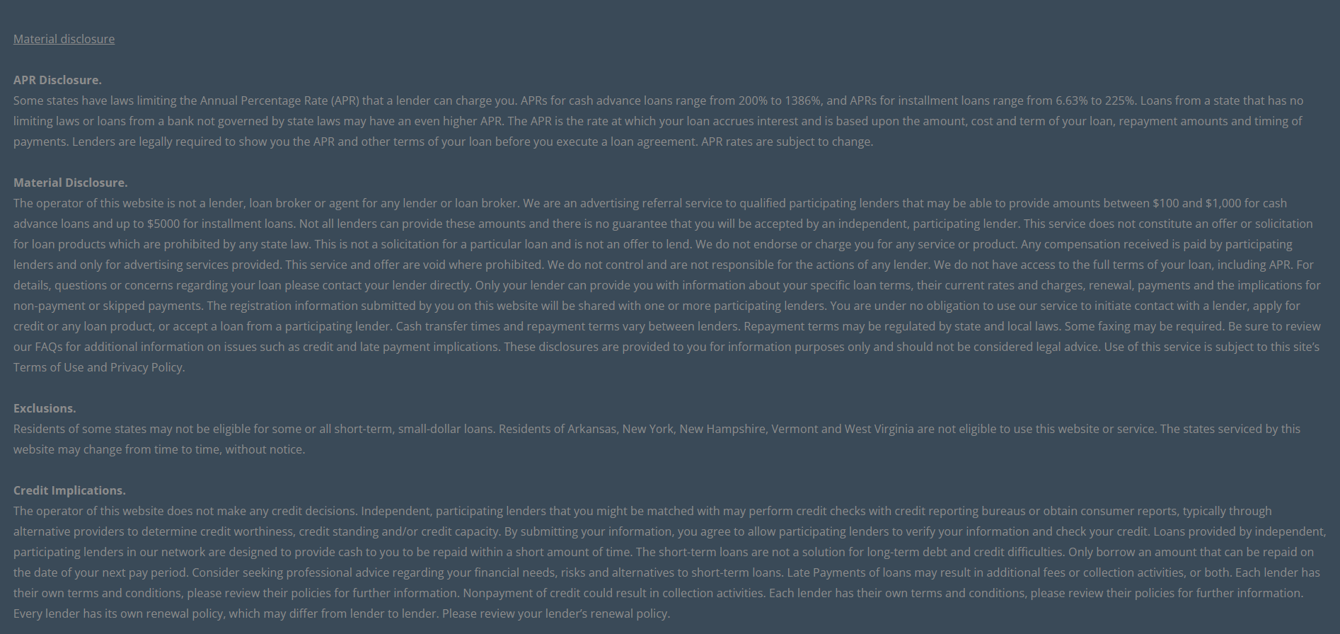 Material disclosure for payday loans in Grand Prairie Texas